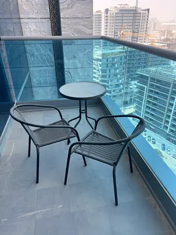 Outdoor balcony bistro set — 2 chairs + round table (metal)