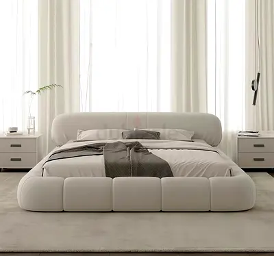 Modern Low-Profile Upholstered Queen Bed with Padded Headboard