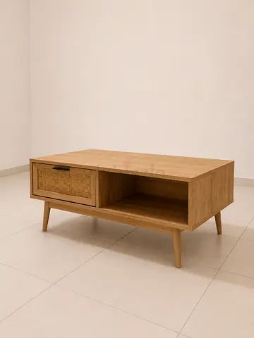 Mid-century Modern Oak Coffee Table with Woven Drawer