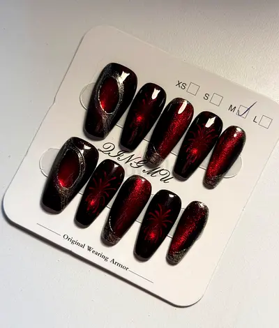Set of 10 Red  Black Press-On False Nails — Long Almond