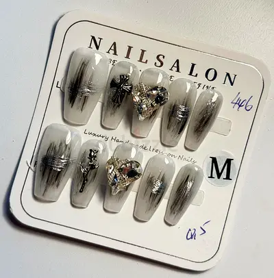 Press-On Acrylic Nails Set — Grey Ombre with Charms