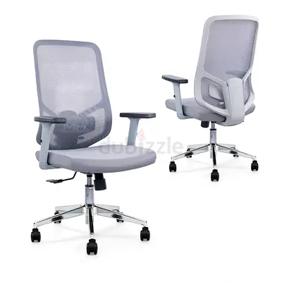 Ergonomic Grey Mesh Office Chair with Adjustable Armrests and Lumbar Support