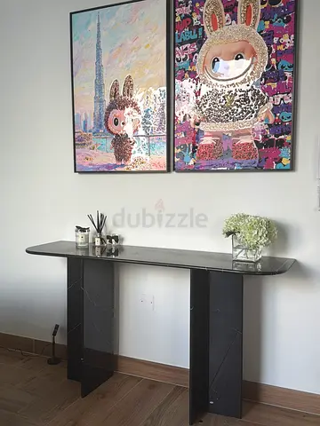 Modern Black Marble Console Table — Slim Profile, Double Pillar Base