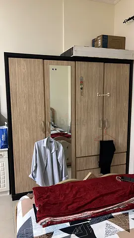Wood-effect 4-door Wardrobe with Mirror — Good Condition