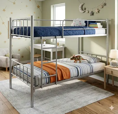 Metal Twin-Over-Twin Bunk Bed - Silver Frame, Good Condition