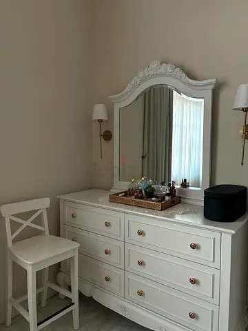White Wooden Dresser with Mirror and High Stool - Classic Style