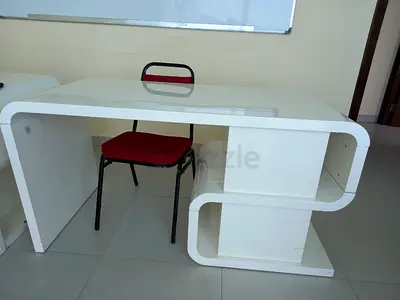 Modern White Curved Office Desk with Built-in Shelves