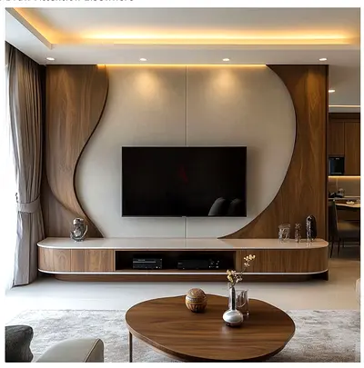 Modern Curved Walnut TV Entertainment Unit with Integrated Wall Panel