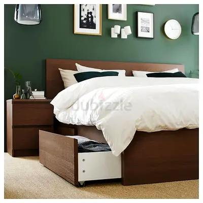 Ikea malm brown bed including Ikeam matress and 2 drawers with side table also available