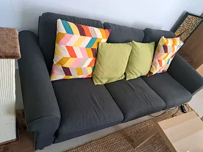 Dark grey 3-seater fabric sofa with cushions - good condition