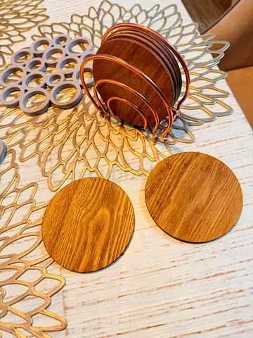 Set of 6 Wooden Round Coasters with Copper Holder
