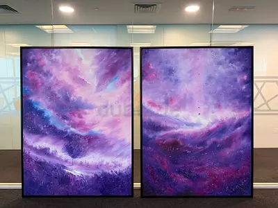 Pair of Large Purple Galaxy Landscape Paintings (Framed) 180 x 135 CM