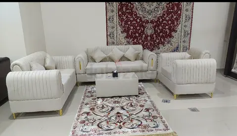 Cream Velvet 7-Seater Sofa Set with Gold Legs and Matching Rugs