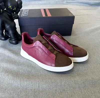 Zegna Maroon  Brown Leather Casual Sneakers – Size (40 to 46) — Excellent Condition