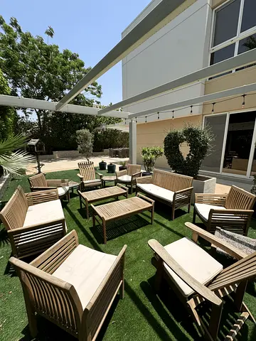 Outdoor teak garden seating set - sofas, armchairs and tables (good condition)