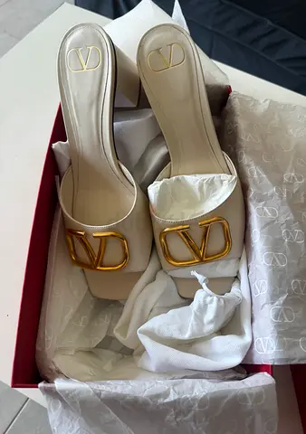 Valentino VLogo Beige Leather Open-Toe Heeled Mules