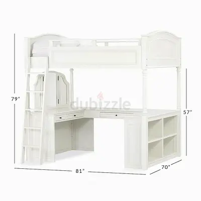 White Wooden Loft Bed with Built-in Desk, Shelves and Ladder - Good Condition