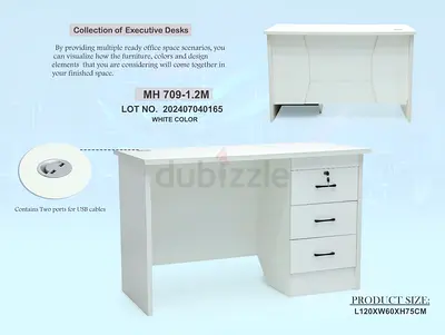 White Executive Office Desk with 3 Drawers and Cable Ports (L120 x W60 x H75cm)