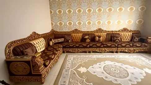 Large Ornate L-shaped Majlis Sofa Set in Brown and Gold — Excellent Condition