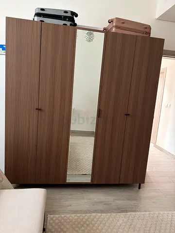 3-Door Wooden Wardrobe with Mirror - Good Condition