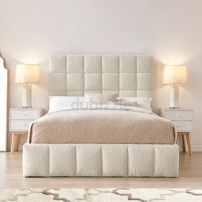 Upholstered King Size Bed with Padded Headboard and Base — Cream Bouclé