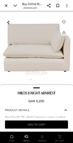Excellent condition MILOS LL RIGHT ARMREST