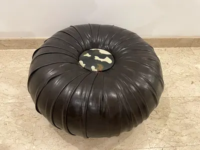 Round Dark Brown Leather Pouf Ottoman with Accent Center