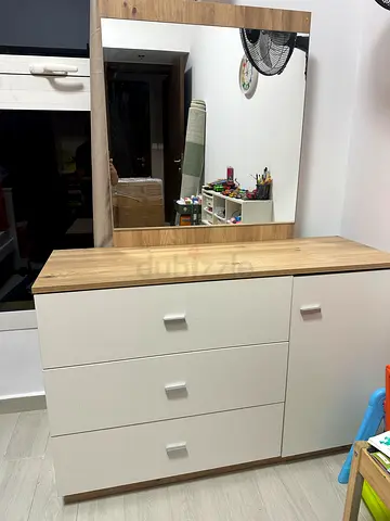 Wooden Dresser with Mirror and 3 Drawers - Light Oak/White