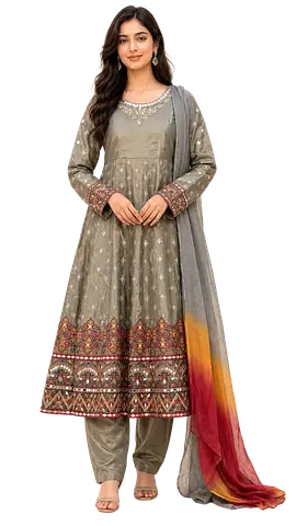 Embroidered Olive Green Anarkali Suit with Multicolor Dupatta - Size M