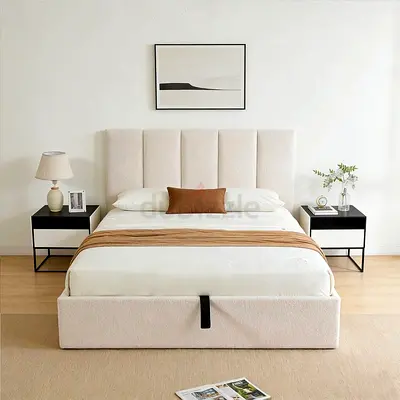Beige Upholstered Double Bed with Padded Headboard - Excellent Condition