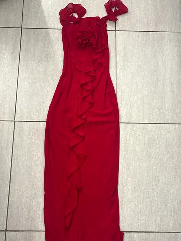 Red sleeveless maxi dress with ruffle detail