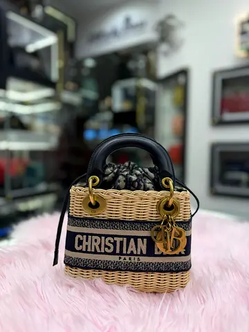Christian Dior Natural Rattan and Blue Dior Oblique Mini Lady Dior Tote Bag (Authentic/PreOwned)