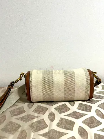 Canvas and Leather Stripe Barrel Crossbody Bag