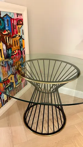 Round Glass Top Dining/Side Table with Black Metal Wire Base
