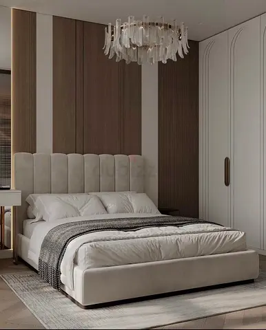Modern upholstered king-size bed with headboard (light beige)