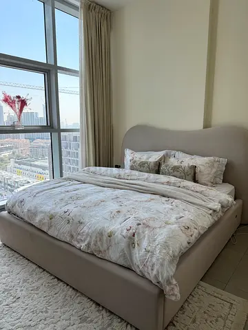King size fabric upholstered bed with hydraulic storage, under 2 years warranty, very good condition