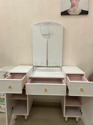 White Vanity Dressing Table with Mirror and Storage - Pink Accents