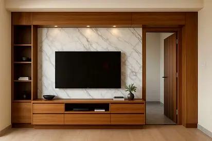 Modern TV entertainment unit with marble look back panel