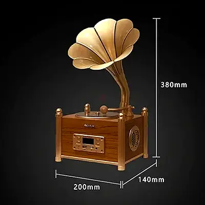Vintage Gramophone-Style Bluetooth Speaker with Wooden Case and FM/USB