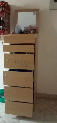 Tall narrow dresser with mirror — light wood, 6 drawers