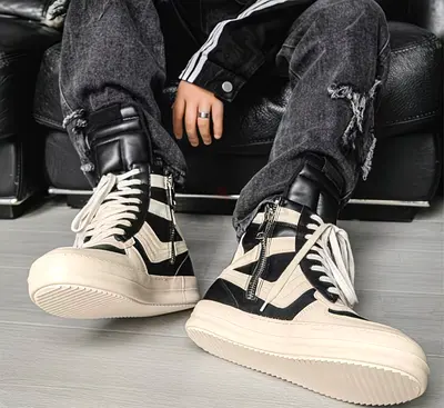 High-top casual platform sneakers — black  white, lightly used