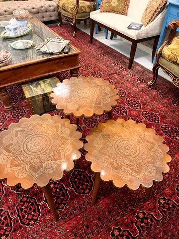 Set of 3 Carved Wooden Nesting Side Tables with Mandala Inlay