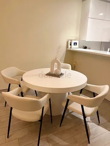 Round White Dining Table (Brand: Loom Collection) with 4 Upholstered Chairs - Modern Set