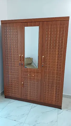 Wooden 3-Door Wardrobe with Central Mirror - Good Condition