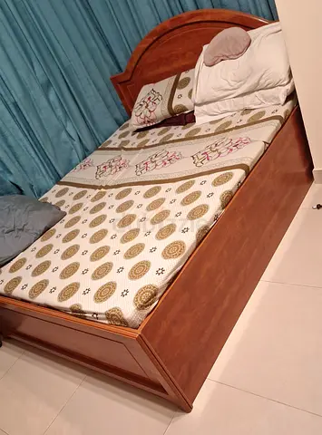Wooden Double Bed Frame with storage, headboard, mattress also — Good Condition