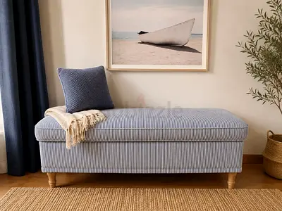 Beautiful upholstered storage bench in a timeless blue/grey pinstripe fabric