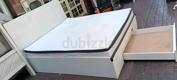 White Wooden Bed Frame with Under-Bed Drawer and Mattress