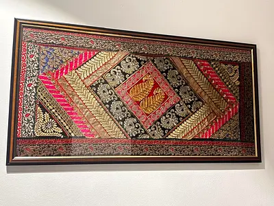 Framed Traditional Embroidered Textile Wall Hanging (Gold  Red)