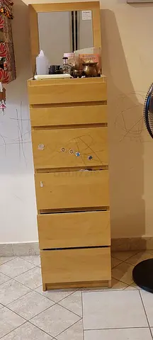 Tall wooden chest of drawers with mirror - light wood finish