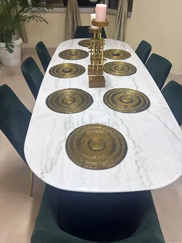 White Marble Dining Table with Gold Inlay — Seats 8